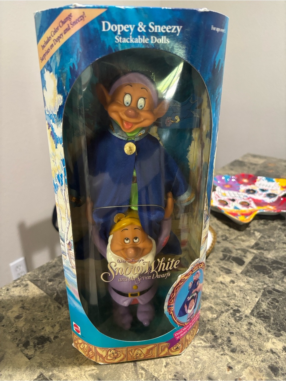 1992 Disney Dopey & Sneezy Stackable Dolls - Blue, Purple, Yellow. New in Box.